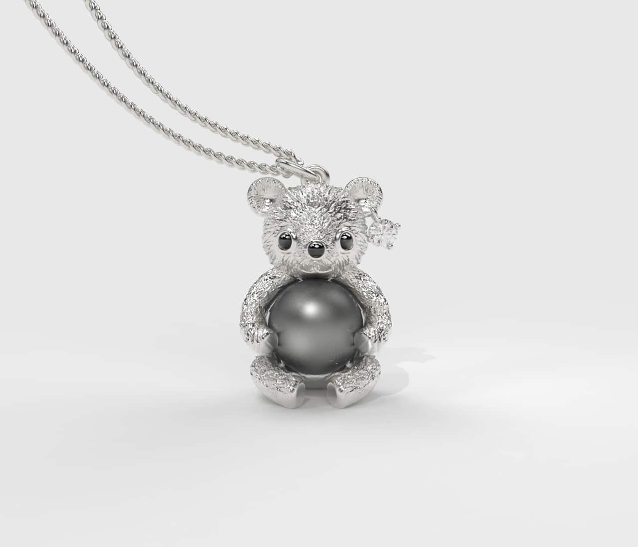 White Teddy Hug Siyah İncili Kolye