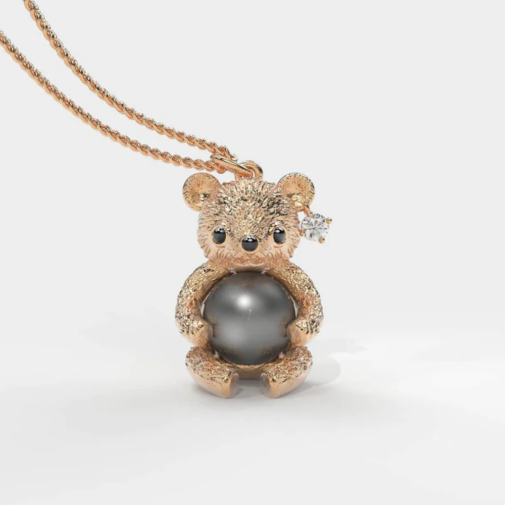 Rose Teddy Hug Siyah İncili Kolye