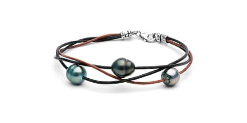 Tahiti Barok Üç İncili Deri Bileklik