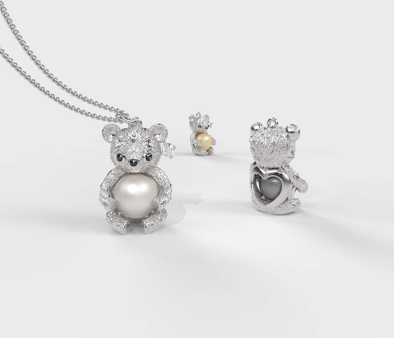 White Teddy Hug Siyah İncili Kolye